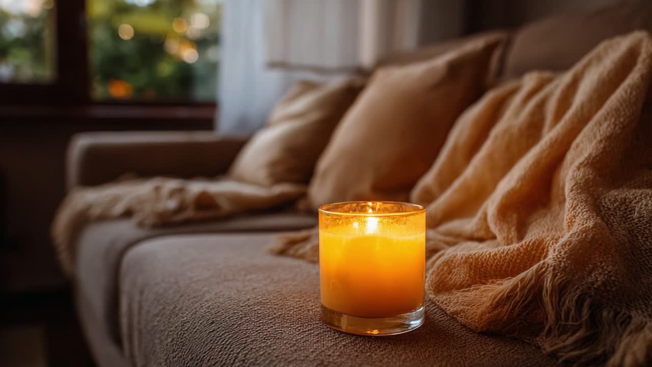 Une ambiance de soirée douillette avec une bougie vacillante sur un canapé moelleux entouré de textiles doux, créant une atmosphère chaleureuse et invitante pour la détente.