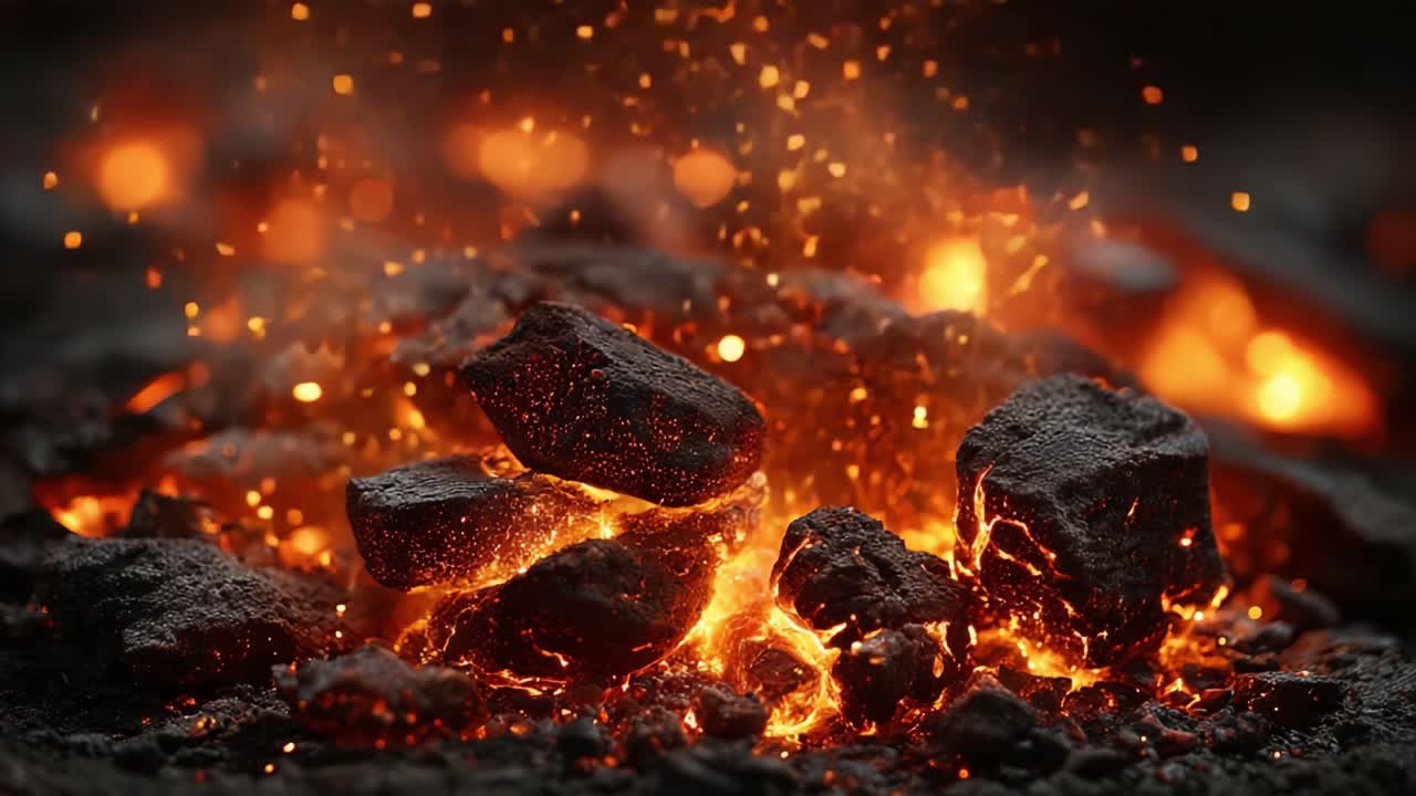 残り火の舞：きらめく灰と燃える表面から放射される熱を伴う、輝く熾火の魅力的なクローズアップ。
