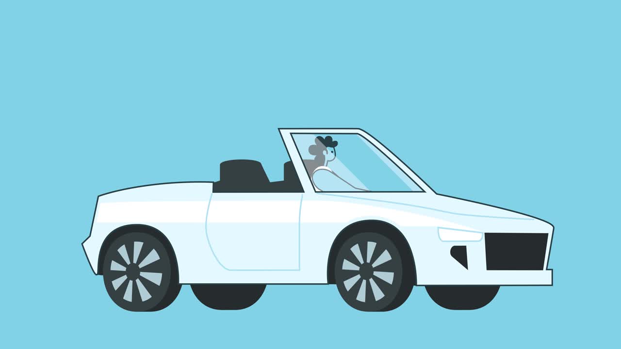 Woman Rides in White Cabriolet Car. Flat Design Cartoon Car and Character Isolated Loop 2d Animation