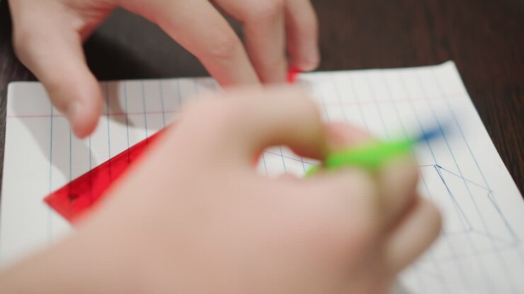 Close up hands drawing with triangle, ruler on lined notebook, steady pencil grip and focused wrist, angles and measurements being traced, student practice session at desk, classroom stationery