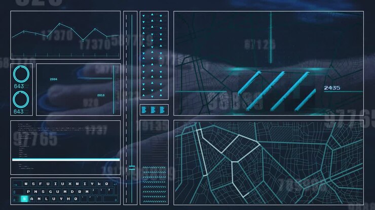 Animation of data processing and hand on black background