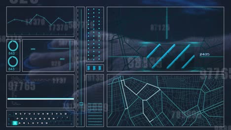 Animation-of-data-processing-and-hand-on-black-background