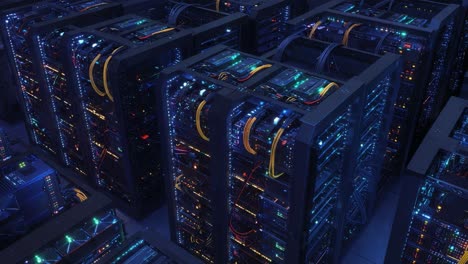 a captivating view of advanced data center racks illuminated with vibrant led lights and complex connections in a high-tech environment