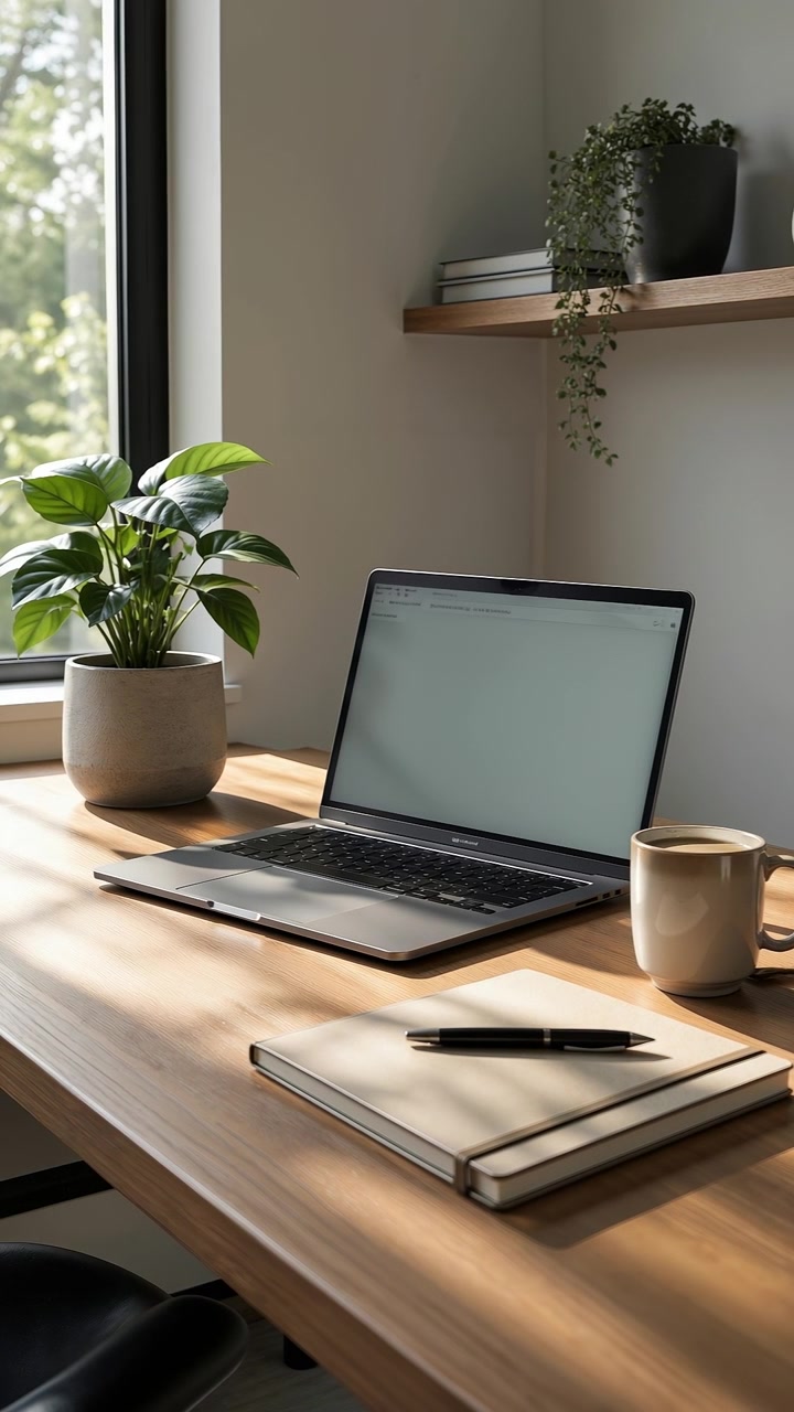 Minimalist home office workspace with a laptop and coffee mug on a wooden desk