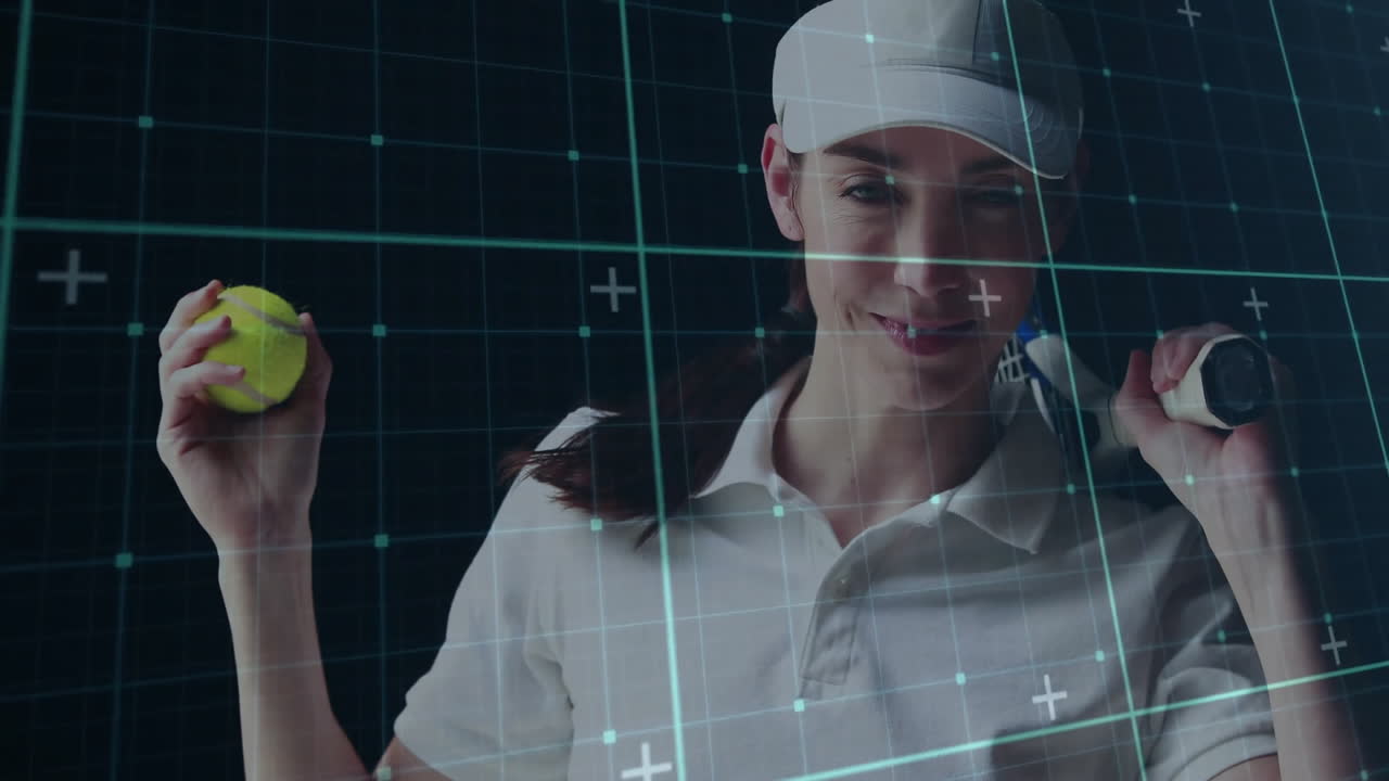 Female tennis player holding racket and ball in sports lab, data lines animating grid overlay