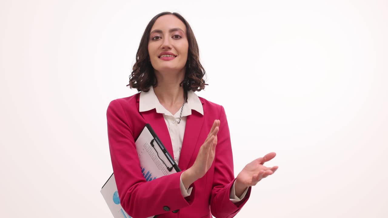 Professional Woman Clapping and Smiling with Clipboard