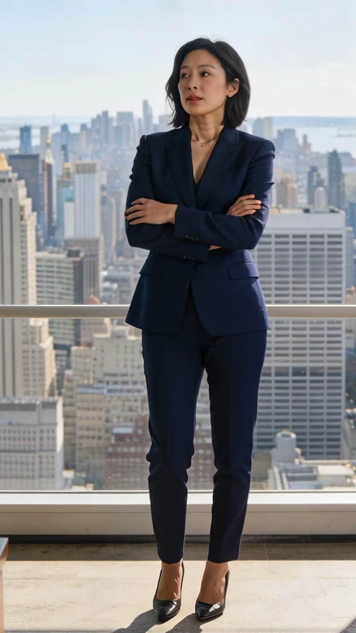 Vertical video: Reacting to cue, woman in navy suit opening arms and gesturing at office window