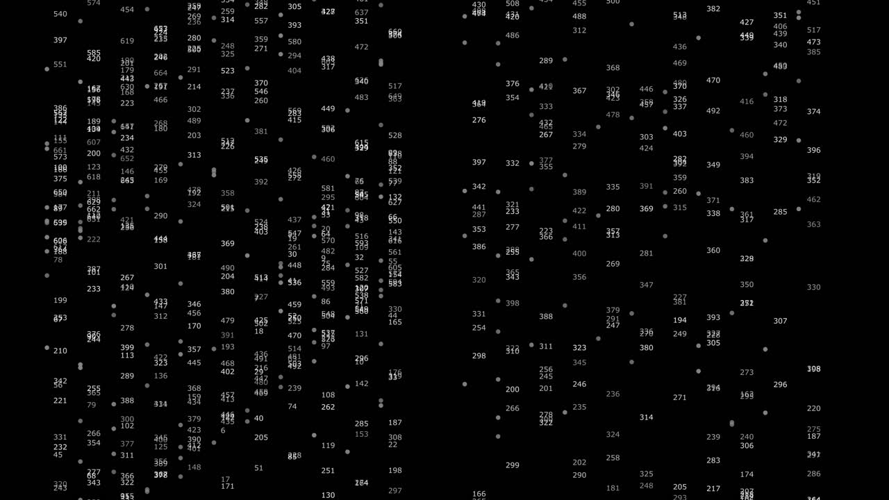 Vertical columns of rapidly changing white numbers fill the screen. A technical overlay ideal for cybersecurity, stock market trends, or AI-themed video projects