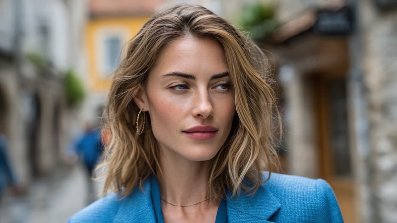 Fængslende portræt af en selvsikker kvinde i en stilfuld blå blazer, sat mod en livlig urban baggrund, der perfekt fremhæver hendes naturlige skønhed og strålende smil