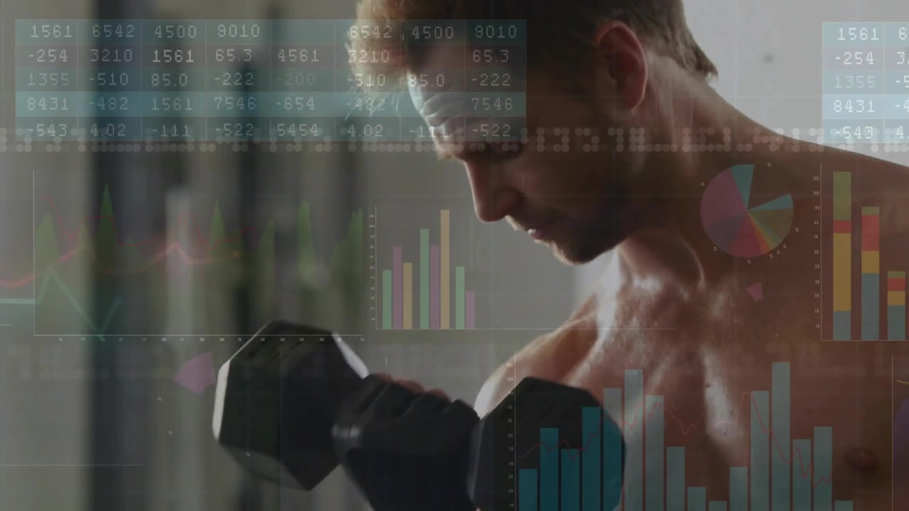 Uomo a torso nudo che afferra un manubrio esagonale, esegue curl per bicipiti mentre grafici animati monitorano il fitness.