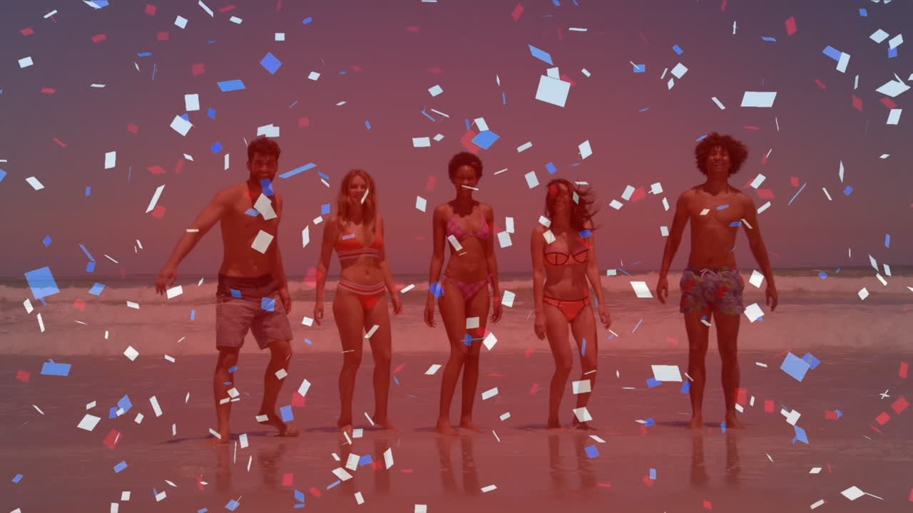 animación de confeti sobre diversos amigos en la playa