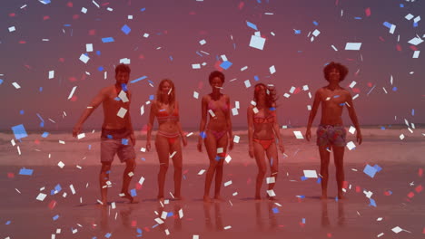 animación de confeti sobre diversos amigos en la playa