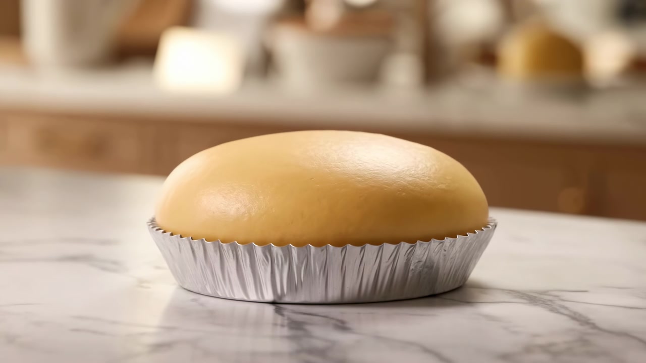A smooth golden dessert dome rests in a crinkled foil cup on a white marble countertop, with a softly blurred kitchen background and warm natural light