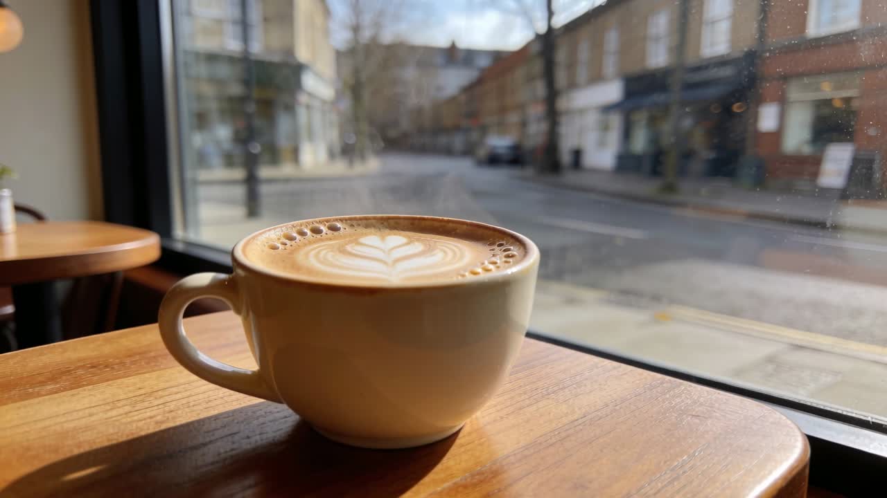 La telecamera si avvicina, inquadrando una tazza di ceramica vicino a una finestra, mettendo a fuoco la latte art per il marketing di un caffè.
