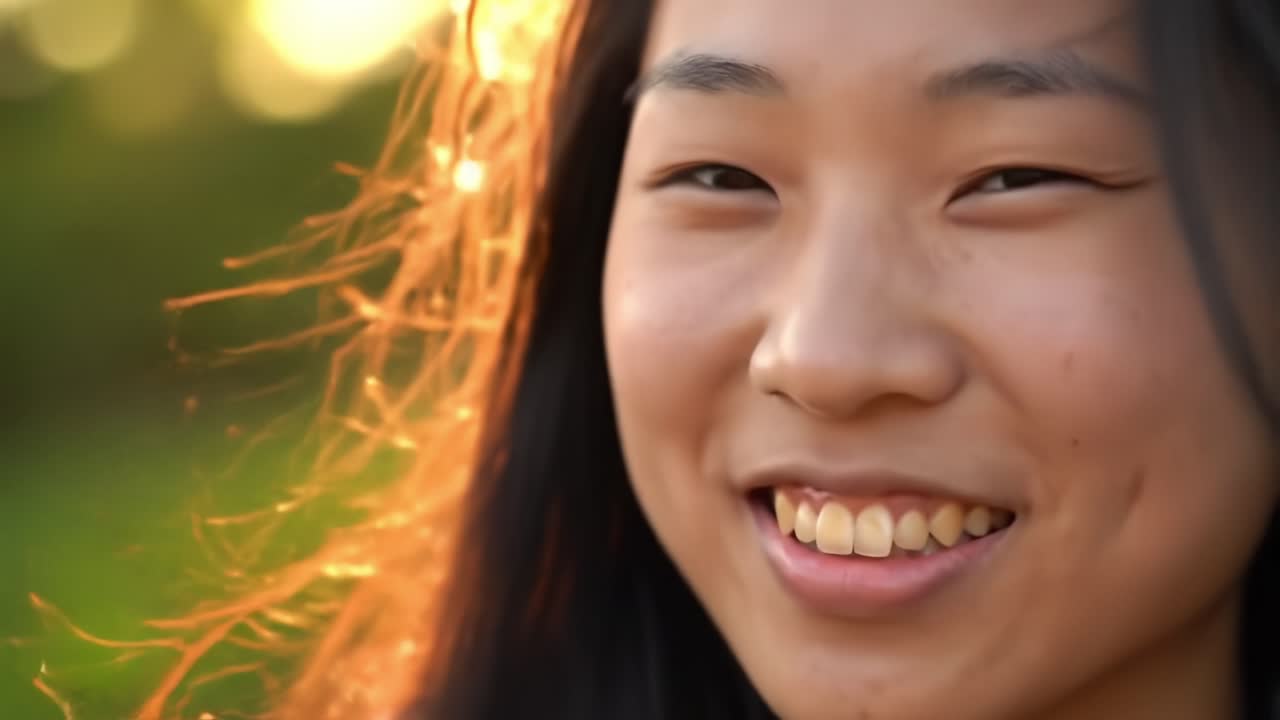 Smiling Girl Enjoys a Sunny Afternoon While Wind Plays With Her Hair in a Picturesque Park Setting