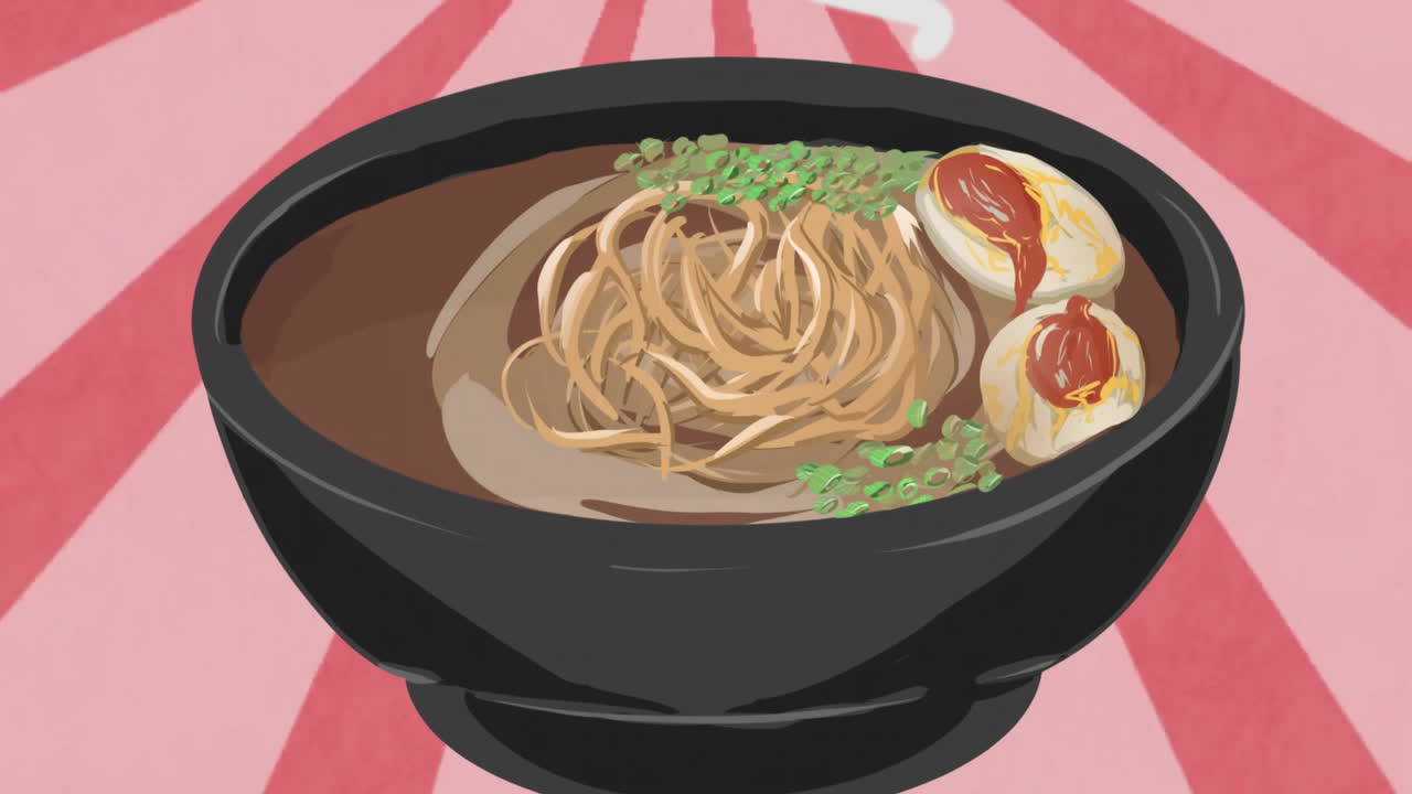 Ramen bowl with chopsticks, noodles, eggs, and vegetables, animation over pink background