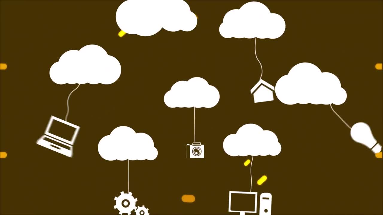 animación de iconos de medios con formas sobre edificios