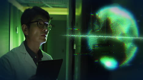 animation of globe and data processing over asian male worker in server room