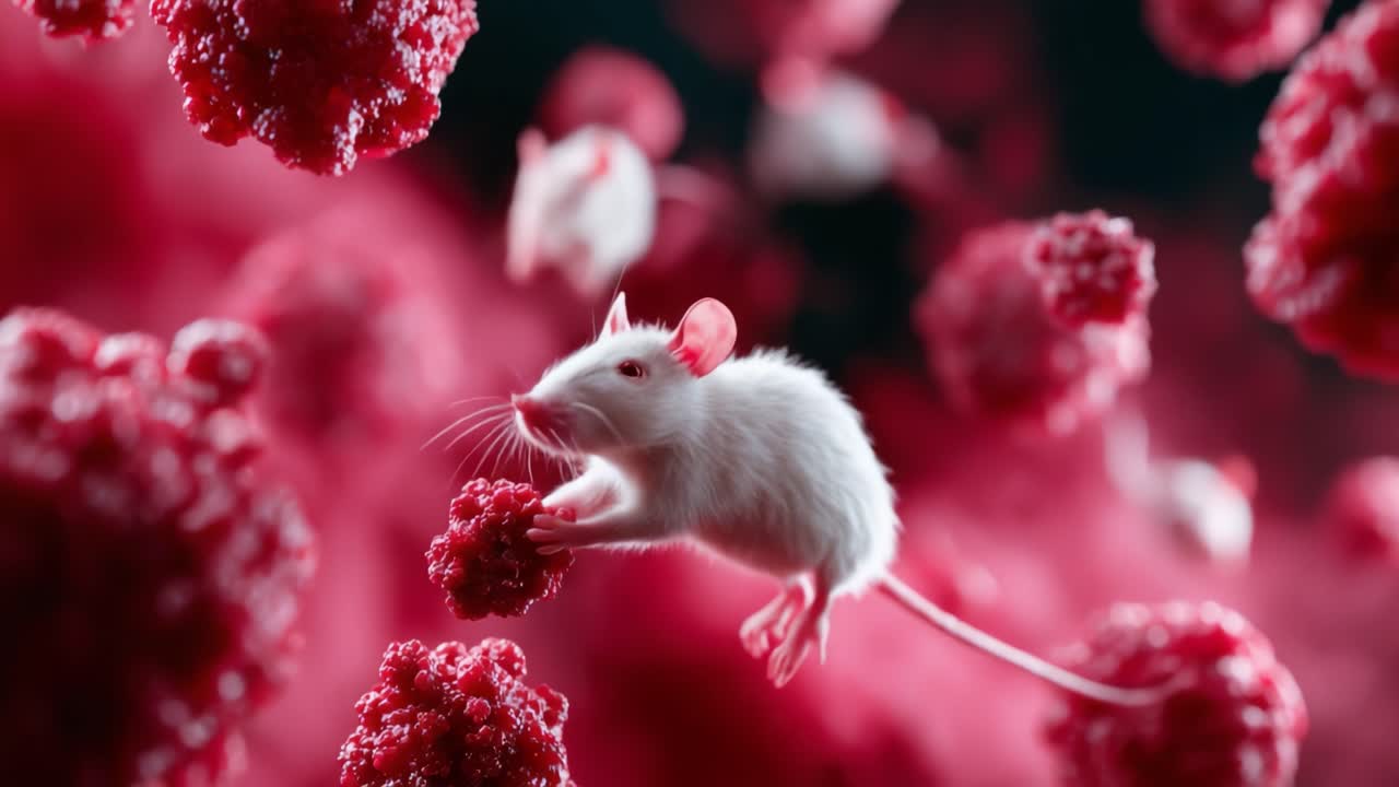 A White Mouse in a Surreal Environment Surrounded by Vibrant Red Berries, Capturing a Moment of Curiosity and Adventure in a Dreamlike Scene