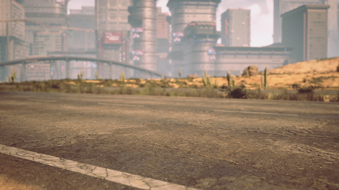 Futuristic cityscape with distant skyscrapers and a desert road