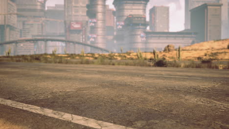 futuristic cityscape with distant skyscrapers and a desert road