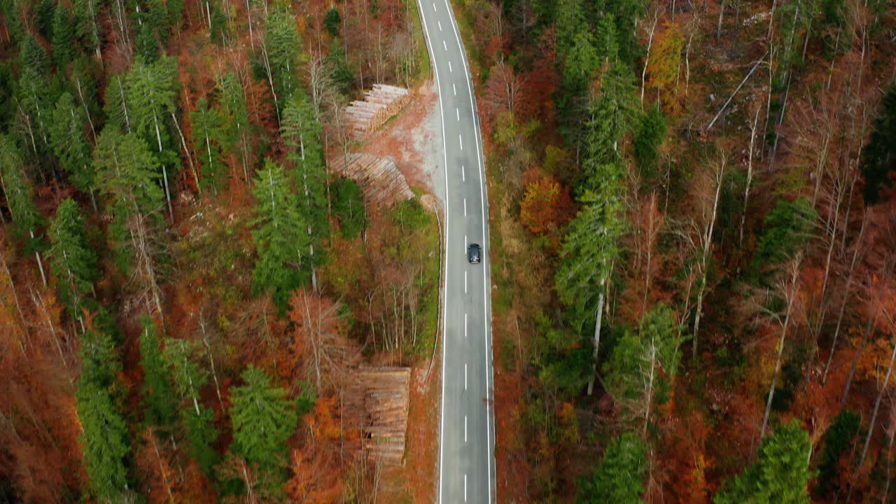 Stunning birds-eye view of a car driving through the beautiful fall foliage of Croatia's mountain roads