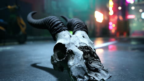 animal skull in a neon lit city alley