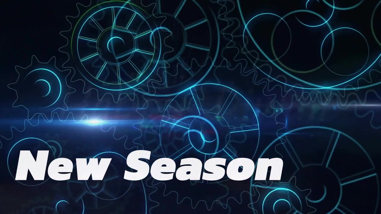 Glitch introducing white New Season title over spinning neon gears with crossing lens-flare