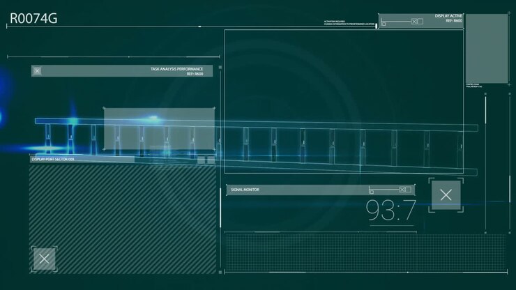 Technical data analysis and performance metrics animation over blueprint of aircraft wing