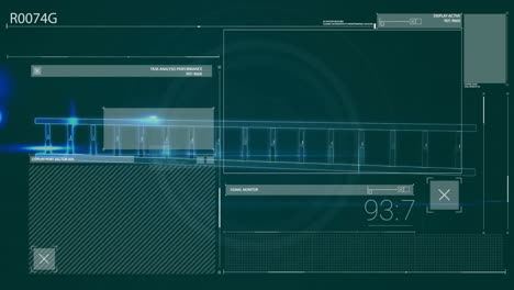 technical data analysis and performance metrics animation over blueprint of aircraft wing