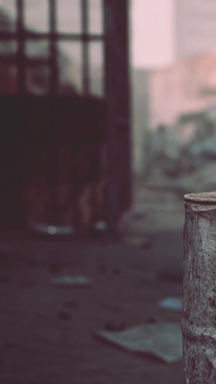 Un container arrugginito si trova in un'area urbana con spazzatura e detriti intorno.