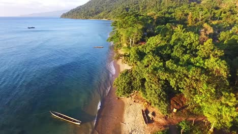 Beautiful-sunny-beach-with-trees,-rain-forest,-empty-pirogue-ship-and-yellow-sand---aerial-clip