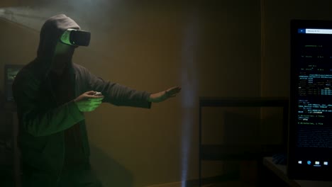 Man-plays-game-while-wearing-VR-headset,-Virtual-Reality-headset