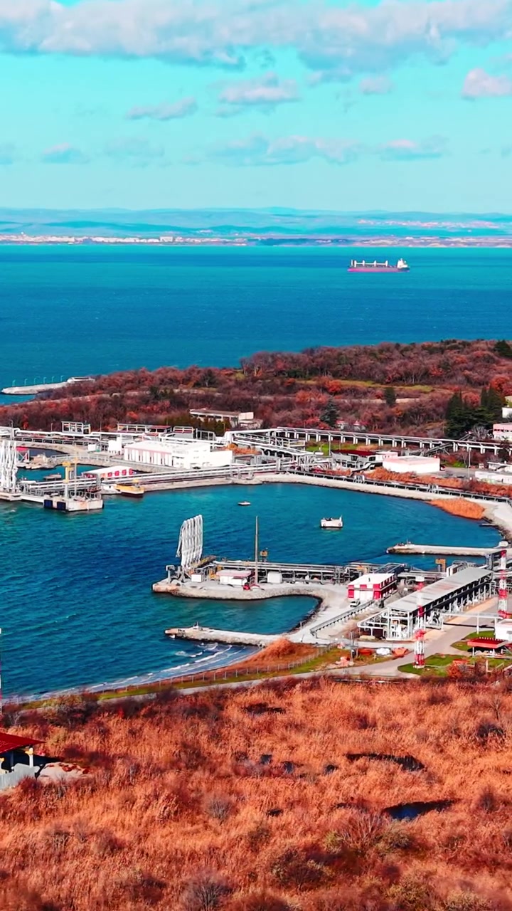 Droneudsigt over industrielle havnekajer. Luftfoto viser rørledninger, kraner og et tankskib på turkisblåt hav. Vertikal video.
