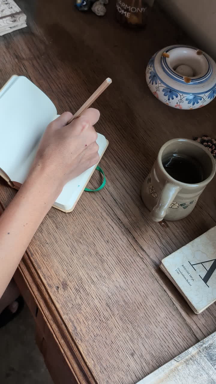 Overhead View of Hand Writing in Notebook on Wooden Desk