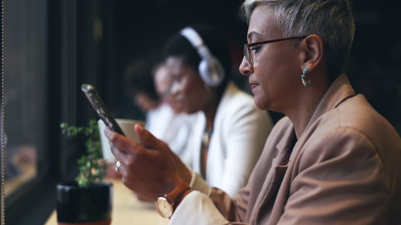 Business woman, phone and coffee shop for social