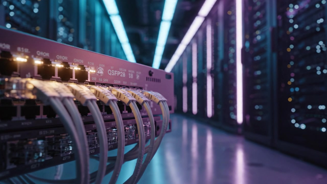 Advanced Data Center Infrastructure Featuring High-Speed Network Equipment and Optical Cables Illuminated by Neon Lights in a Modern Server Environment