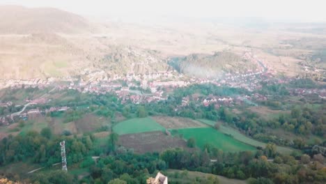 incline hacia arriba el disparo de un dron sobre las ruinas de un castillo rodeado por un bosque durante la hora dorada