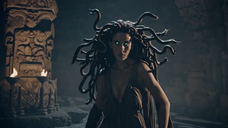 medusa, a gorgon from greek mythology, emerges from the shadows of an ancient temple, her hair a writhing mass of snakes and her eyes glowing with an eerie green light