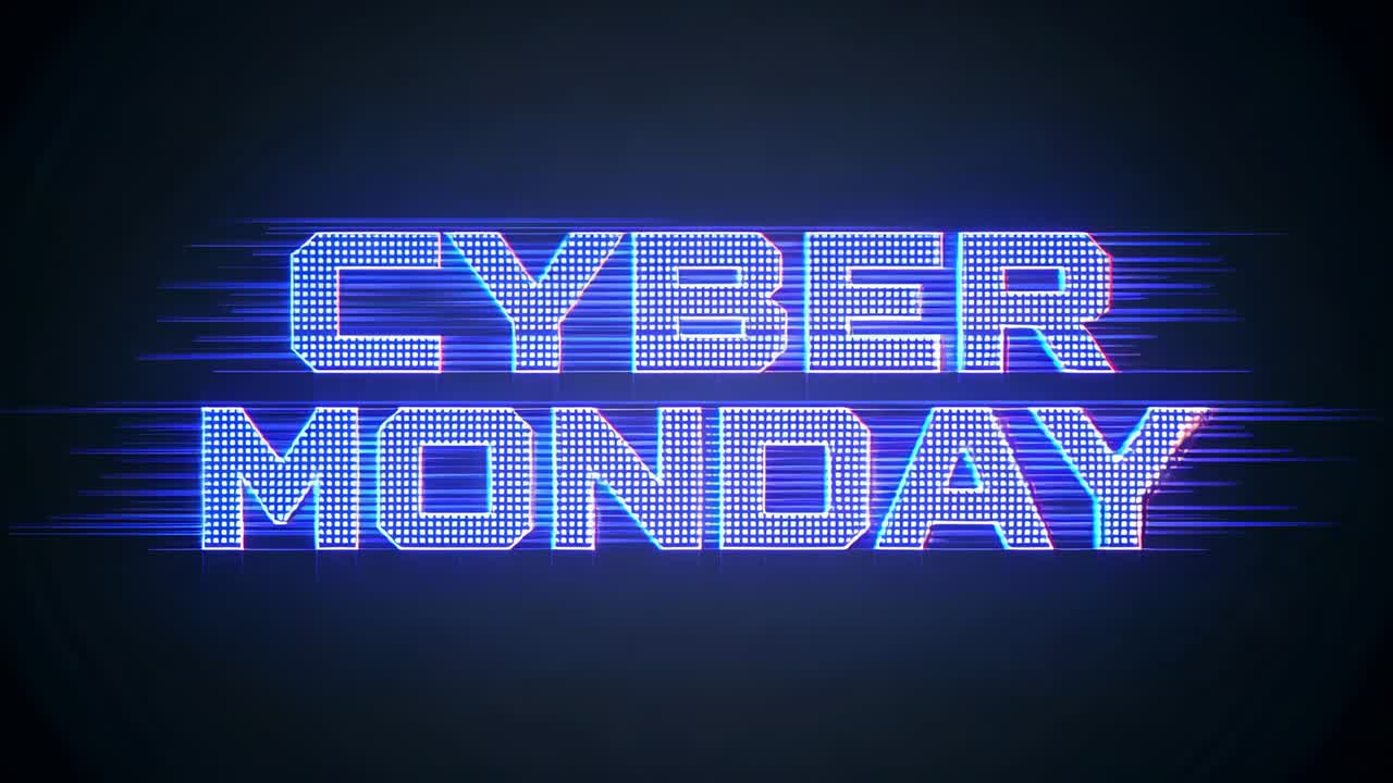 Animating neon CYBER MONDAY centered on dark gradient, offscreen blue beams sweeping promoting sale