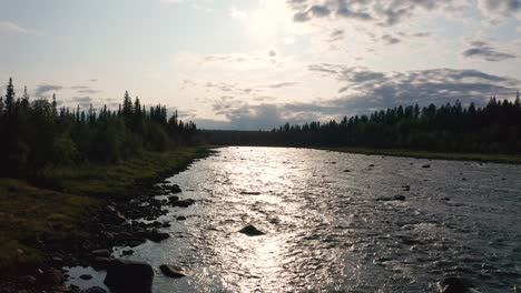 drone shot of wild river in northern sweden surrounded by deep forest