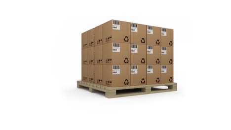 animación de varias cajas de cartón apiladas en una caja de madera sobre un fondo blanco