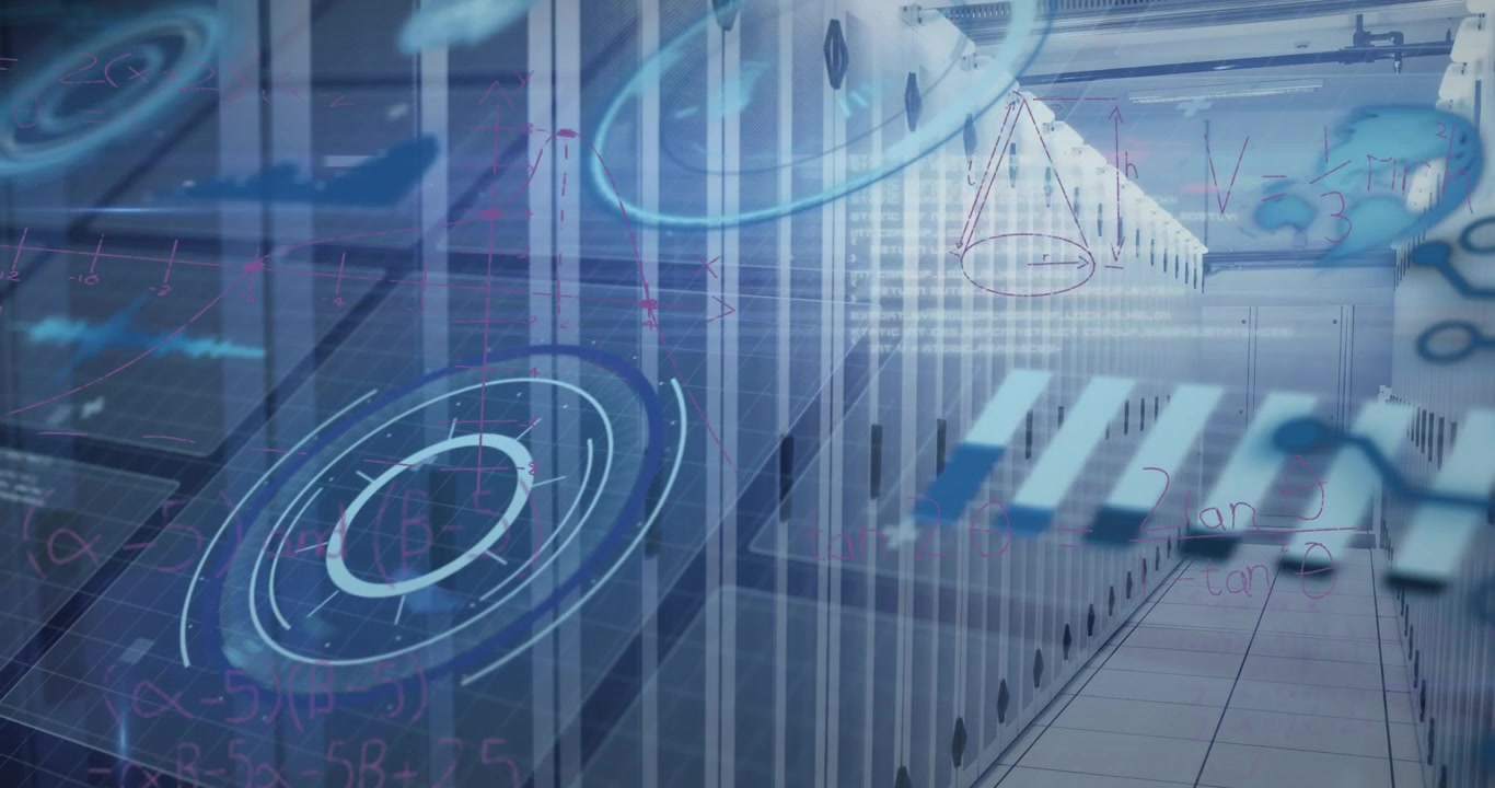 Animation af ur og databehandling over serverrum