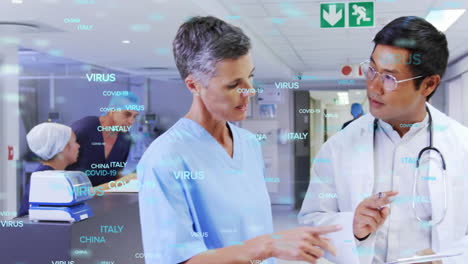 animation of floating covid-19 words over caucasian nurse talking