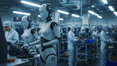 advanced robotics in action: a glimpse into the future of automation with intelligent robots working alongside humans in a cutting-edge manufacturing environment