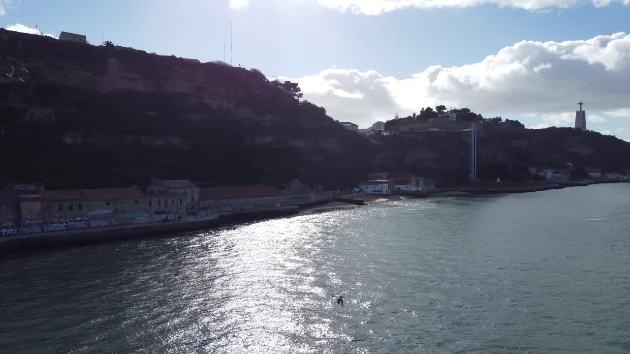 Flying a drone next to a flock of seagulls over the river Tejo In Lisbon Portugal