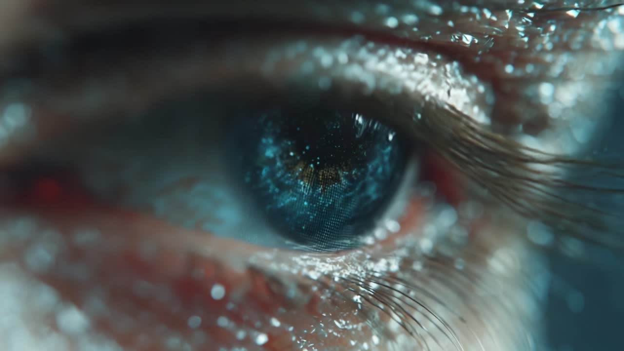 Esplorazione ravvicinata di un occhio che rivela straordinarie variazioni di texture e colore, catturando i dettagli intricati dell'iride e dell'area circostante.