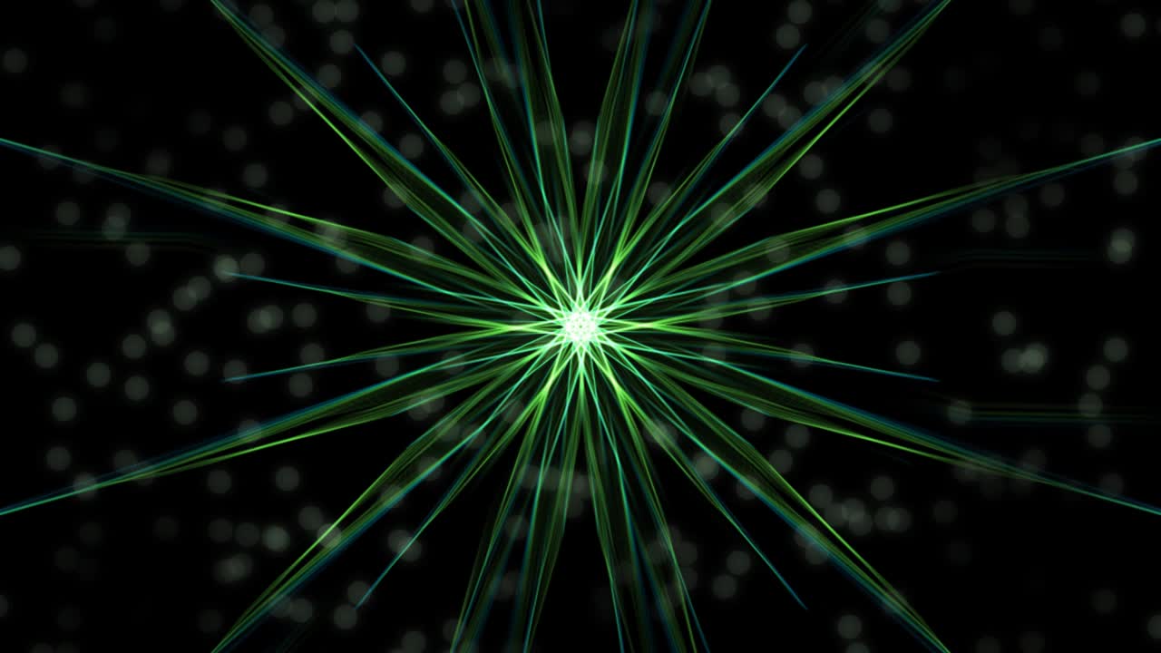 video di mandala con luci bokeh, composto da raggi verdi rotanti su sfondo nero