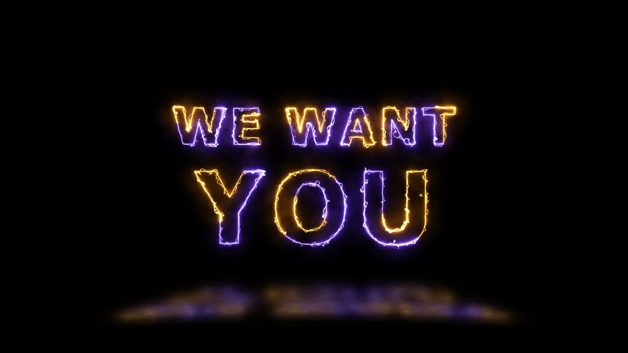'우리는 당신을 원합니다' 오렌지색과 보라색 에너지 경계선 표지 애니메이션 바닥에 반사 간단한 원활한 루프 애니메이션 텍스트 4k 타이포그래피 모션 그래픽