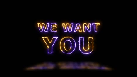 'we want you' orange and violet energy border lines title animation with reflection on a floor. simple seamless loop animated text. 4k typography motion graphic
